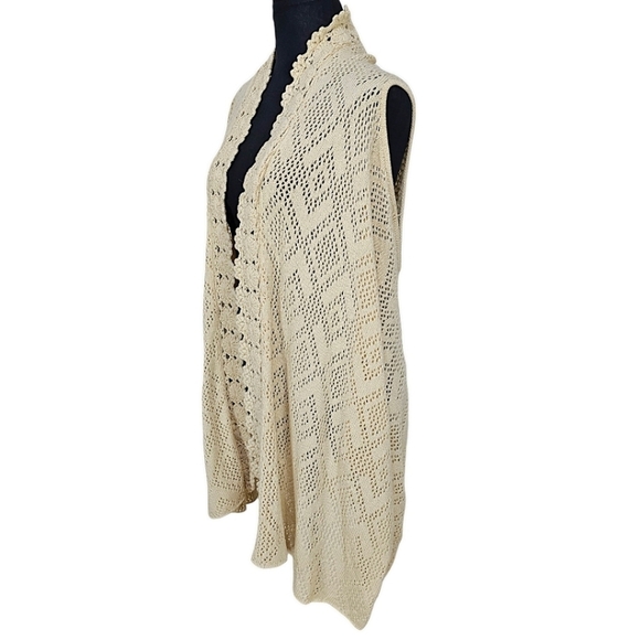 Rebecca Elliot Cottagecore Boho Tan Crochet Knit Open Front Vest Cardigan Small - Picture 4 of 13